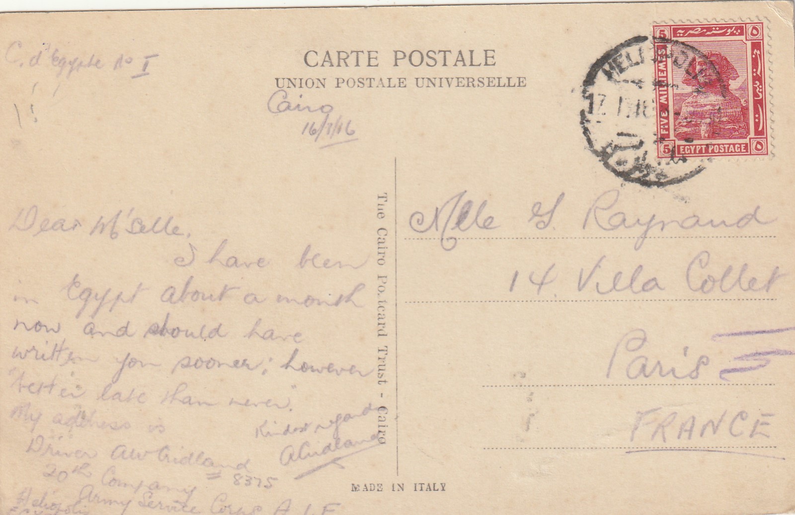 Egypt to France WW1 Australian Forces Picture Post Card