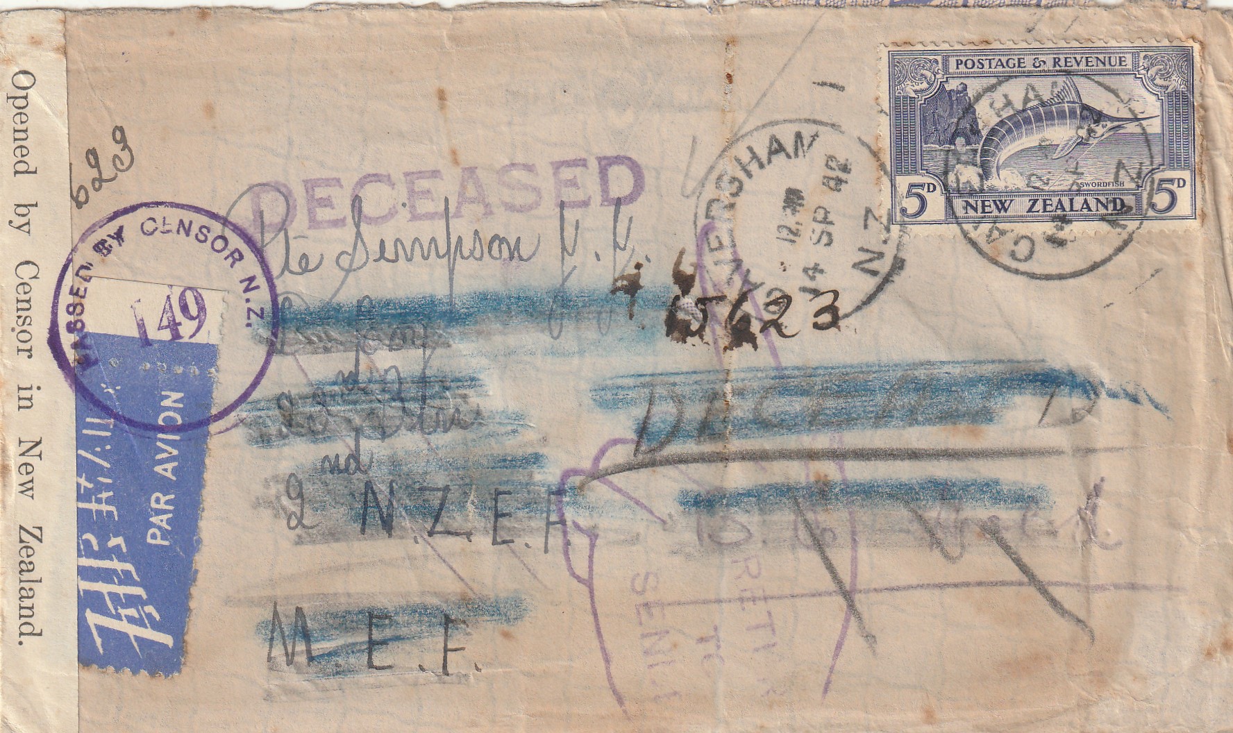 1942   NEW ZEALAND - MEF…WW2 CENSORED AIRMAIL DECEASED & R.T.S.