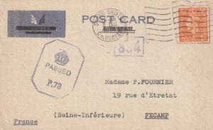 1944  GB - FRANCE….1944 AIRMAIL POSTCARD with AIRMAIL DELETED….