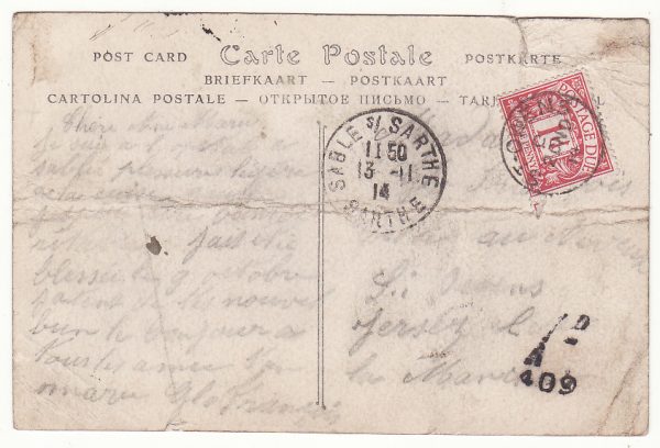 1914 FRANCE - GB…WW1 CHANNEL Is. to St. OWENS with POSTAGE DUE…