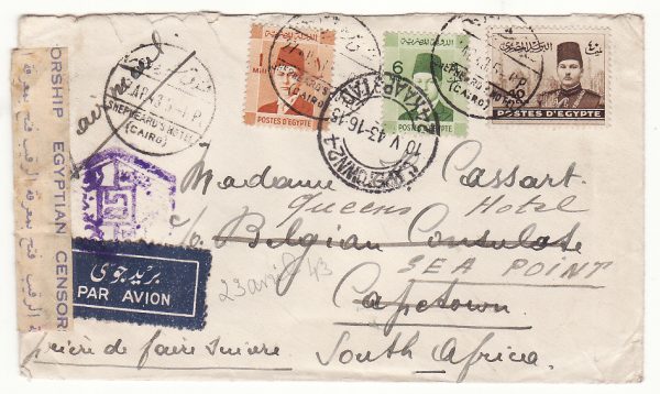 1943..EGYPT - SOUTH AFRICA …WW2 AIRMAIL to BELGIAN CONSULATE…