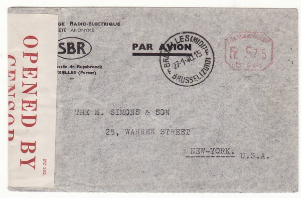 1940..BELGIUM - USA…WW2 AIRMAIL INTERCEPTED by CENSORS in BERMUDA...