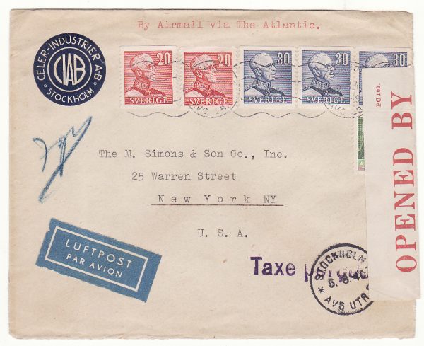1940..SWEDEN  - USA…WW2 AIRMAIL INTERCEPTED by CENSORS in BERMUDA...