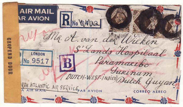20621..GB - NED. WEST INDIES..WW2 REGISTERED AIRMAIL from FREE DUTCH UNDERCOVER ADDRESS…