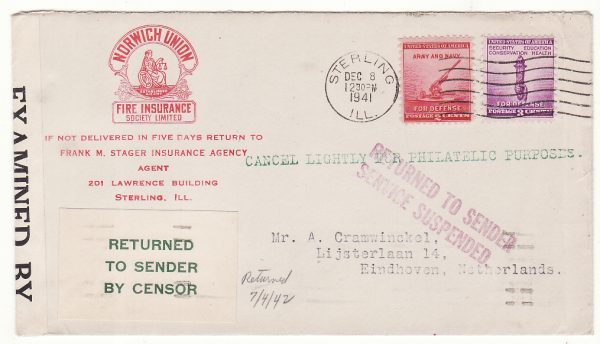 20628..USA - NETHERLANDS..WW2 RETURNED TO SENDER Due to PEARL HARBOR ATTACK…