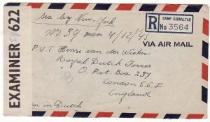 1943..JAMAICA - GB...WW2 REGISTERED CENSORED AIRMAIL GIBRALTAR CAMP EVACUEE to DUTCH FREE FORCES...