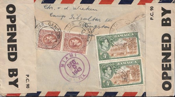 1943  JAMAICA - GB...WW2 REGISTERED CENSORED AIRMAIL GIBRALTAR CAMP EVACUEE to DUTCH FREE FORCES...