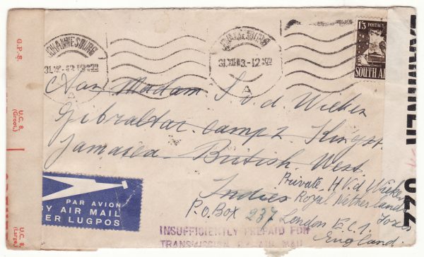 1943 SOUTH AFRICA - JAMAICA - GB...WW2 CENSORED AIRMAIL to GIBRALTAR CAMP & FORWARDED to DUTCH FREE FORCES...