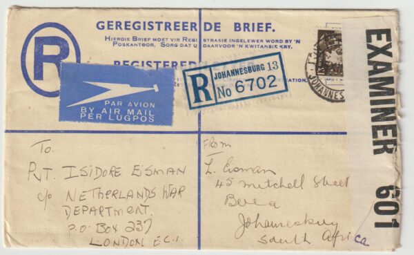 1944  SOUTH AFRICA -  GB…WW2 REGISTERED CENSORED AIRMAIL to UNDERCOVER ADDRESS..
