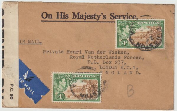 1944  JAMAICA - GB…WW2 OHMS  UNDERCOVER MAIL from THE JAMAICA DEFENCE…