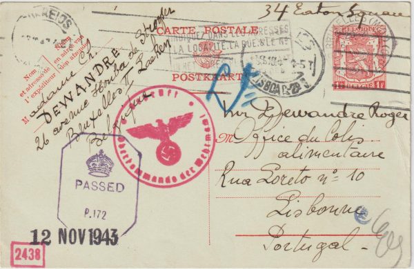 1943  BELGIUM - PORTUGAL - GB..WW2 DOUBLE CENSORED UNDERCOVER MAIL for GB..