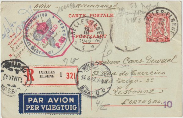 1942  BELGIUM - PORTUGAL - GB..WW2 REGISTERED DOUBLE CENSORED AIRMAIL STAT. CARD..