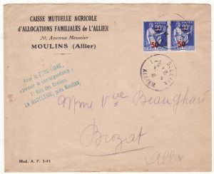 1941 FRANCE…CAISSE MUTUELLE AGRICOLE d'ALLOCATIONS FAMILIALES de L'ALLIER…