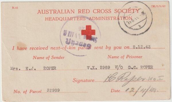1943  GERMANY - AUSTRALIA…WW2 AUST. RED CROSS PARCEL CARD..