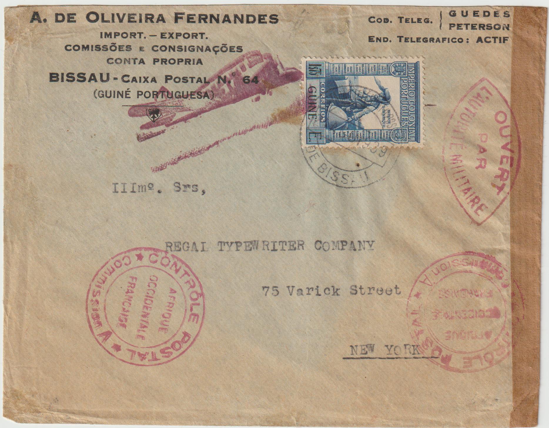 1939   PORTUGUESE GUINEA - USA…CENSORED BY FRENCH..