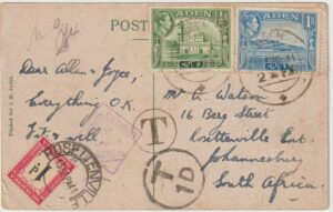 1941  ADEN - SOUTH AFRICA..WW2 CENSORED & TAXED POSTCARD with POSTAGE DUE..