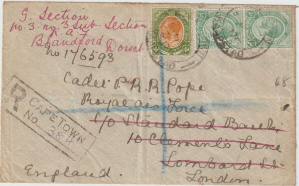 1918  SOUTH AFRICA - GB…WW1 REGISTERED to R.A.F. UNIT..