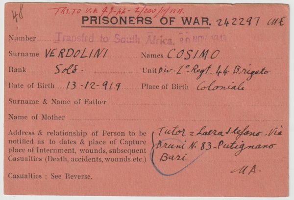 1941  ERITREA - SUDAN - SOUTH AFRICA..WW2 POW NOTIFICATION CARD....
