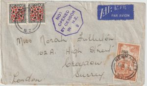 1941  NEW ZEALAND  -  GB …WW2 HORSESHOE ROUTE AIRMAIL with LATE FEE...