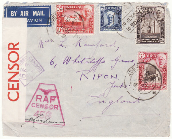 1942   ADEN - GB..WW2 PROTECTORE STATE of KATHIRI STATE of SEIYUN with RAF CENSOR....