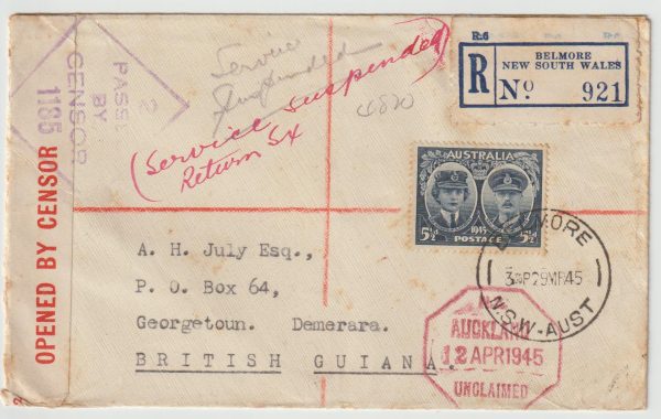 1943  AUSTRALIA - BRITISH GUIANA…REGISTERED CENSORED SERVICE SUSPENDED..