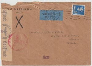 1942  NORWAY - FRANCE...WW2 CENSORED AIRMAIL …