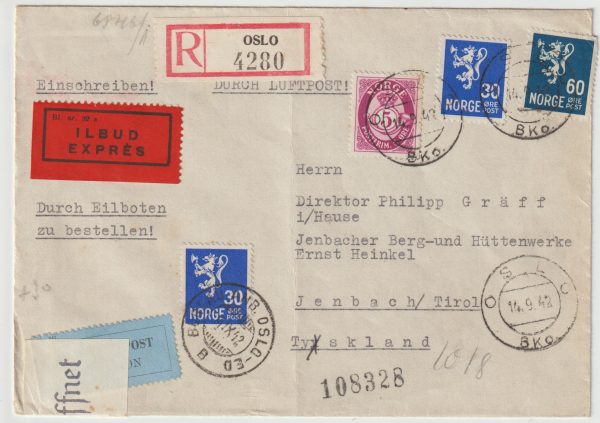 1942  NORWAY - AUSTRIA...WW2 CENSORED EXPRESS AIRMAIL via TPO…
