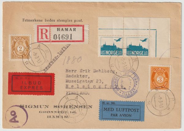 1943   NORWAY - FINLAND...WW2 CENSORED REGISTERED EXPRESS AIRMAIL…
