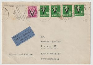 1941  NORWAY - BOHEMIA MORAVIA..1941 AIRMAIL with V OVERPRINTS & CANCEL...