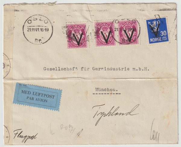 1941  NORWAY - GERMANY...1941 AIRMAIL with V OVERPRINTS …
