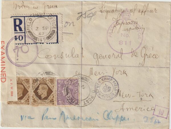 1942   EGYPT/PALESTINE - USA…1942 REISTERED CENSORED AIRMAIL to GREEK CONSULATE…