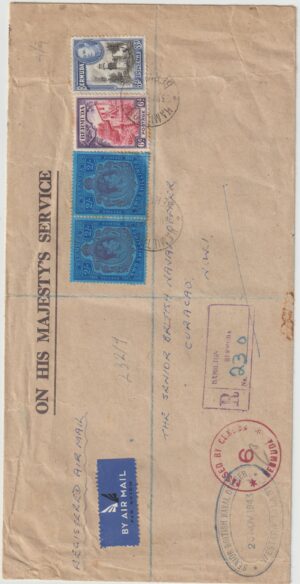 1943    BERMUDA - CURACAO…O.H.M.S. NAVAL REGISTERED CENSORED AIRMAIL...