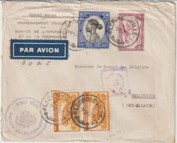 1943   BELGIUM CONGO - NEW ZEALAND…WW2 CENSORED CONSULAR MAIL…