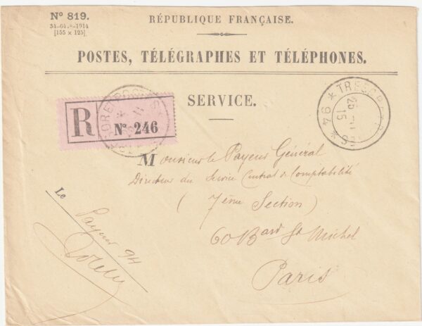 1915   FRANCE….WW1 REGISTERED TELEGRAPHS SERVICE…
