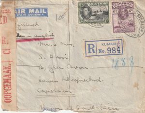 1943       GOLD COAST - SOUTH AFRICA..WW2 CENSORED REGISTERED AIRMAIL…