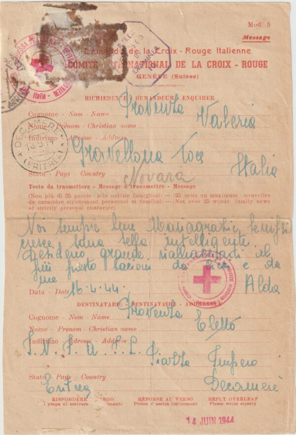 1944    ITALY - ERITREA…WW2 ITALIAN RED CROSS MESSAGE...