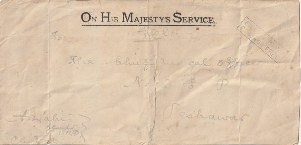 1919   INDIA – N.W FRONTIER OHMS CHITRAL – PESHAWAR......