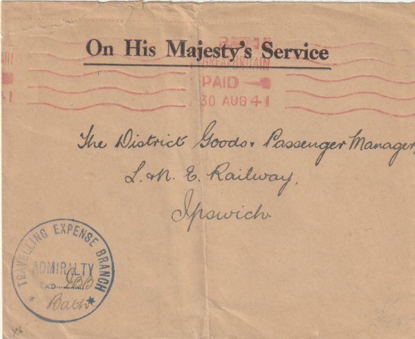 1941  GREAT BRITAIN…ADMIRALTY TRAVELLING EXPENCE BRANCH…