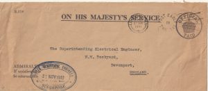 1940   SINGAPORE - GREAT BRITAIN…H.M NAVAL BASE…1940 (Nov 21) long (223 x 93 mm) Stampless printed ADMIRALTY SERVICE OHMS OFFICIAL PAID envelope to Superintending Electrical Engineer