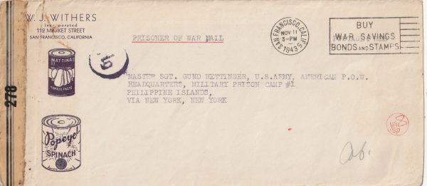 1943  USA - PHILIPPINE Is …WW2 CENSORED PICTORIAL COVER to CABANATUAM POW CAMP…