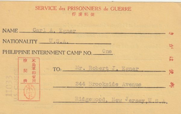 1944  PHILIPPINE Is - USA…POW / INTERNEE CARD (TYPE 3) CAMP 1 ..