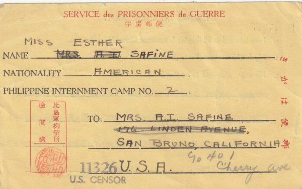 1944-1945  PHILIPPINE Is - USA…POW / INTERNEE CARD (TYPE 3) CAMP 2 ..