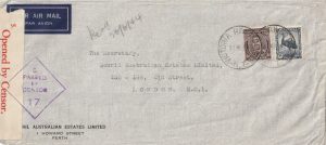 1944 AUSTRALIA - GB…WW2 AIRMAIL from VICTORIA RIVER DOWNS N.T. CENSORED at PERTH