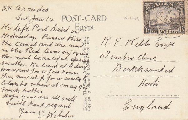 1939   ADEN - GB..1st ISSUE VIA S.S. ORCADES..