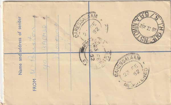 1952   EAST AFRICA. TANGANYIKA - SOUTH AFRICA …REGISTERED TPO.. [22017] - Image 2