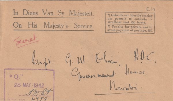 1942 SOUTH AFRICA -EAST AFRICA..BI-LINGUAL SECRET PENALTY ENVELOPE..