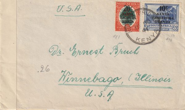 1941   EAST AFRICA (KENYA) - USA..WW2 CENSORED to WINNEBAGO from HOEY'S BRIDGE..