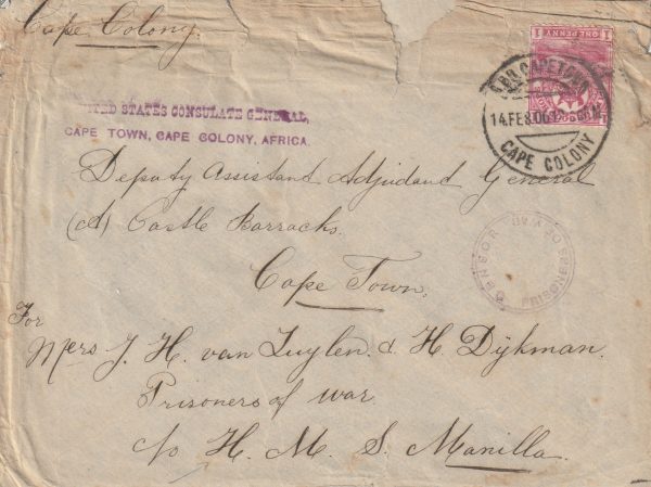 1900  SOUTH AFRICA..BOER WAR..PRISON SHIP "MANILA"....CONSULAR MAIL..