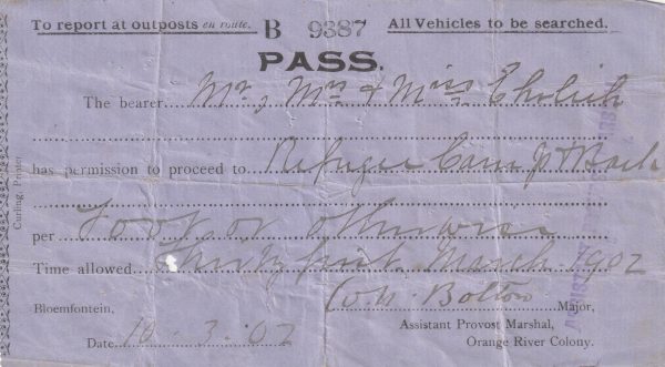 1902  SOUTH AFRICA …BURGHER/REFUGEE CAMP TRAVEL PASS..