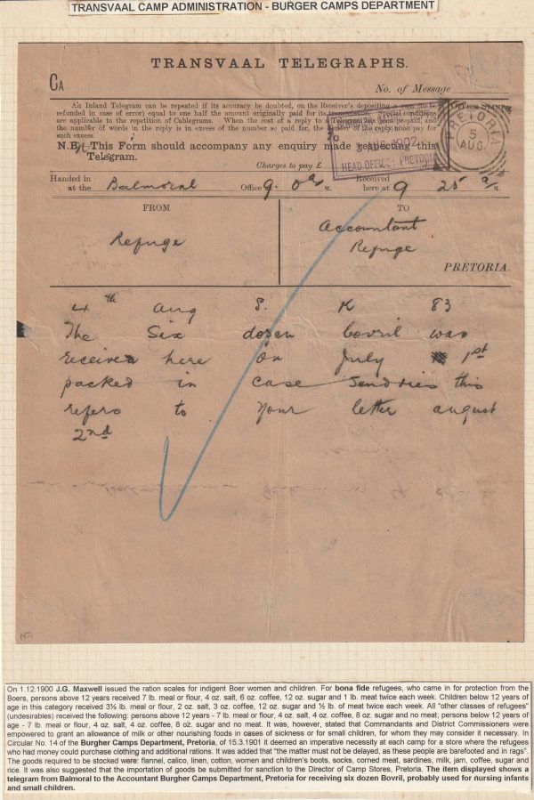 1902  SOUTH AFRICA …BURGHER/REFUGEE CAMP TELEGRAPH..